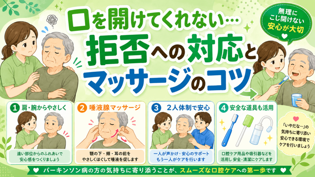 【パーキンソン病の口腔ケア】口を開けてくれない…拒否への対応とマッサージのコツ