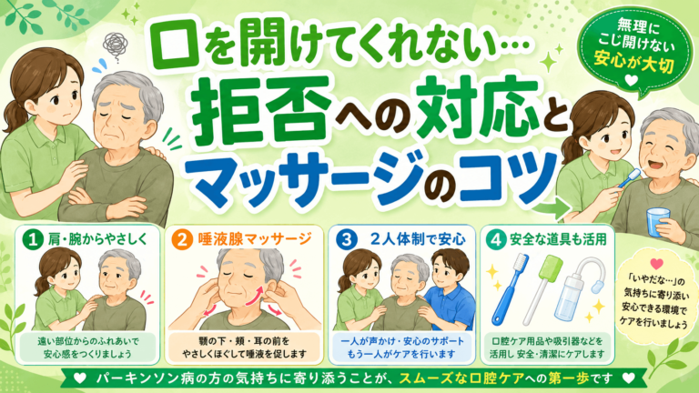 【パーキンソン病の口腔ケア】口を開けてくれない…拒否への対応とマッサージのコツ